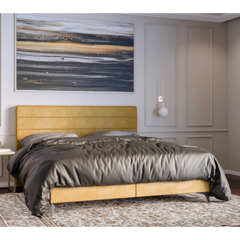 Nowoczesne łóżko kontynentalne z materacem i opcją pojemnika na pościel HORIZON w modnym stylu w kolorze żółtym