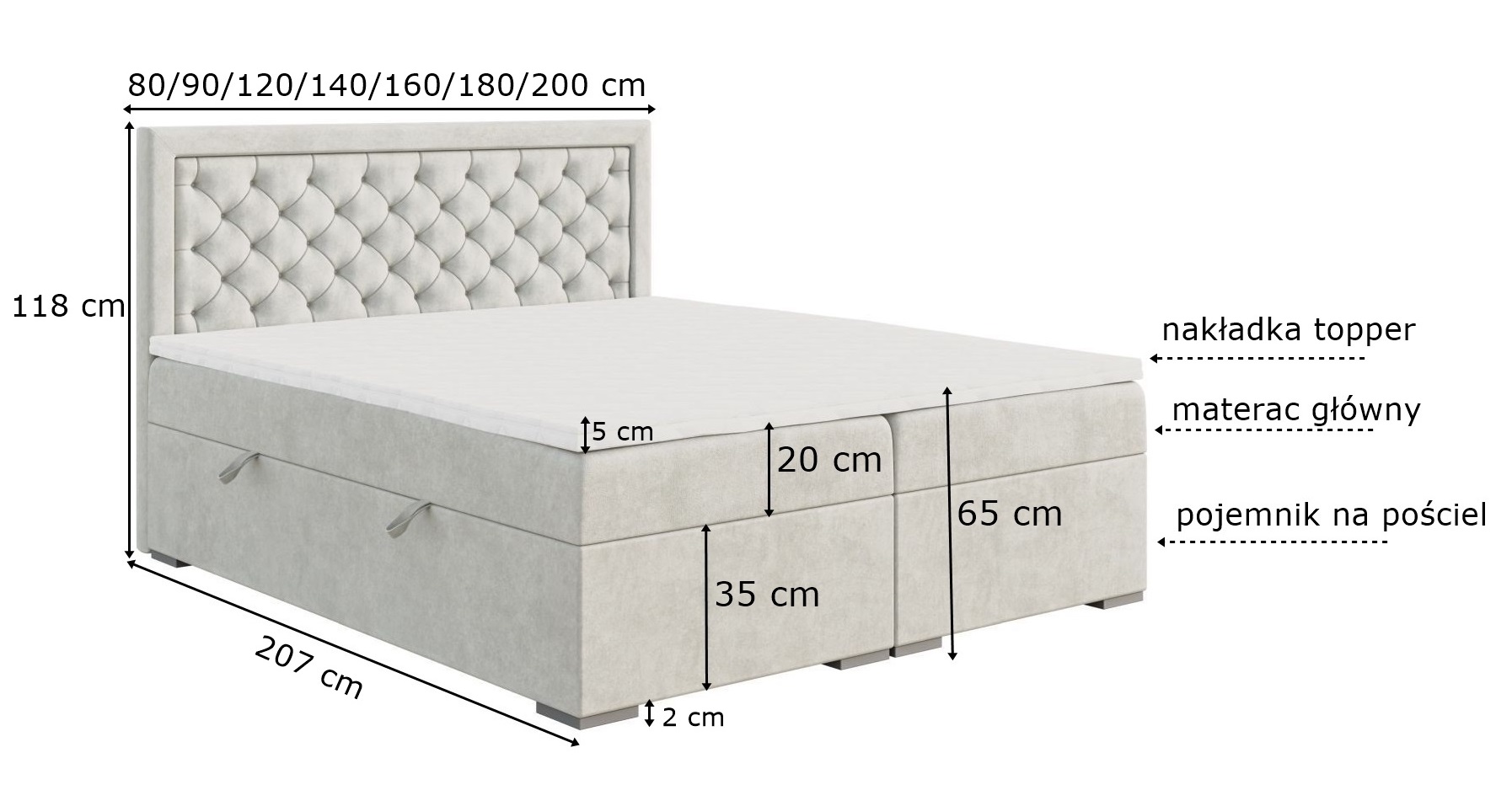 Eleganckie łóżko kontynentalne posiadające materac i opcję pojemnika na pościel BELLA 80x200