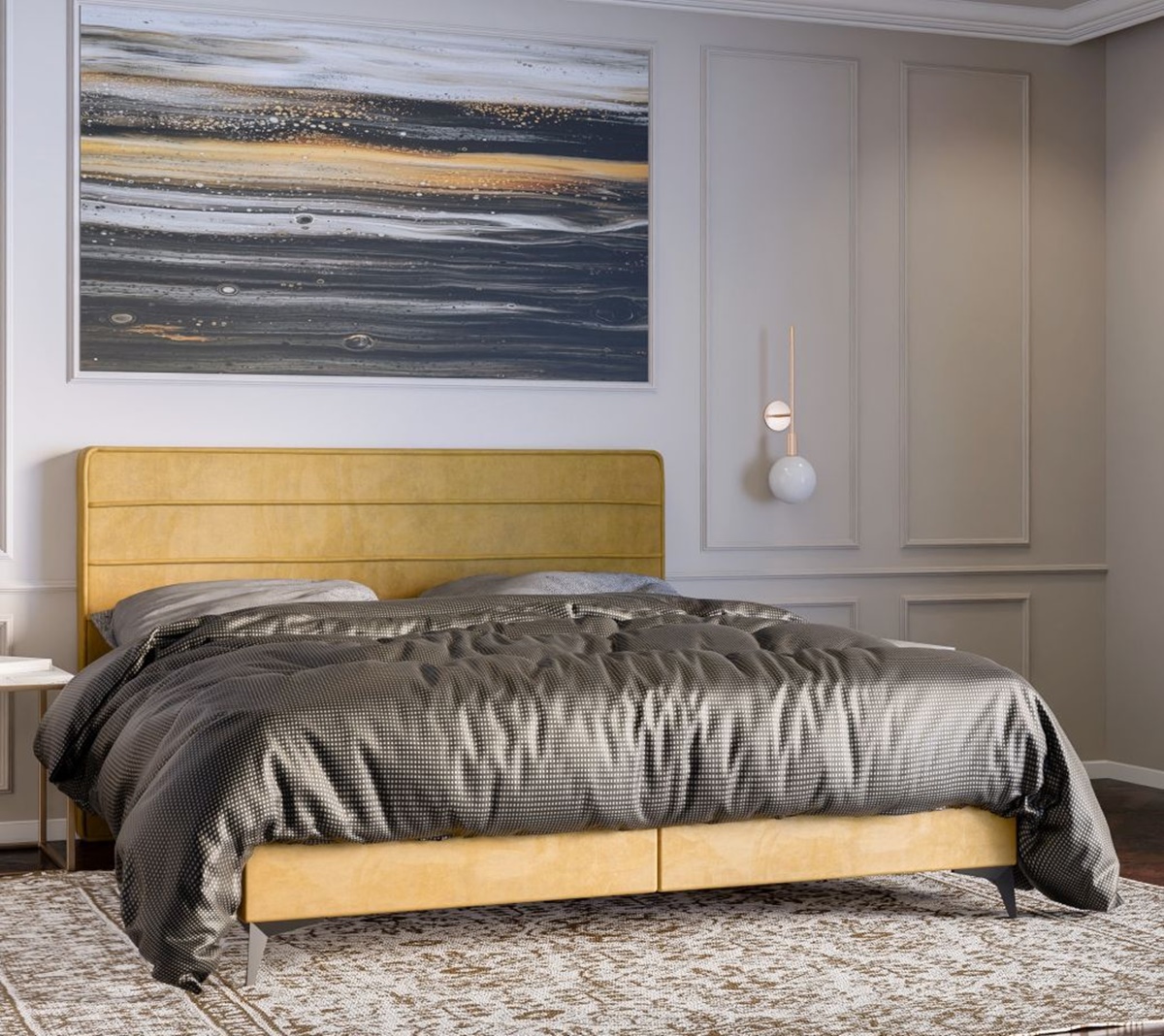 Nowoczesne łóżko kontynentalne z materacem i opcją pojemnika na pościel 80x200 HORIZON w modnym stylu w kolorze żółtym